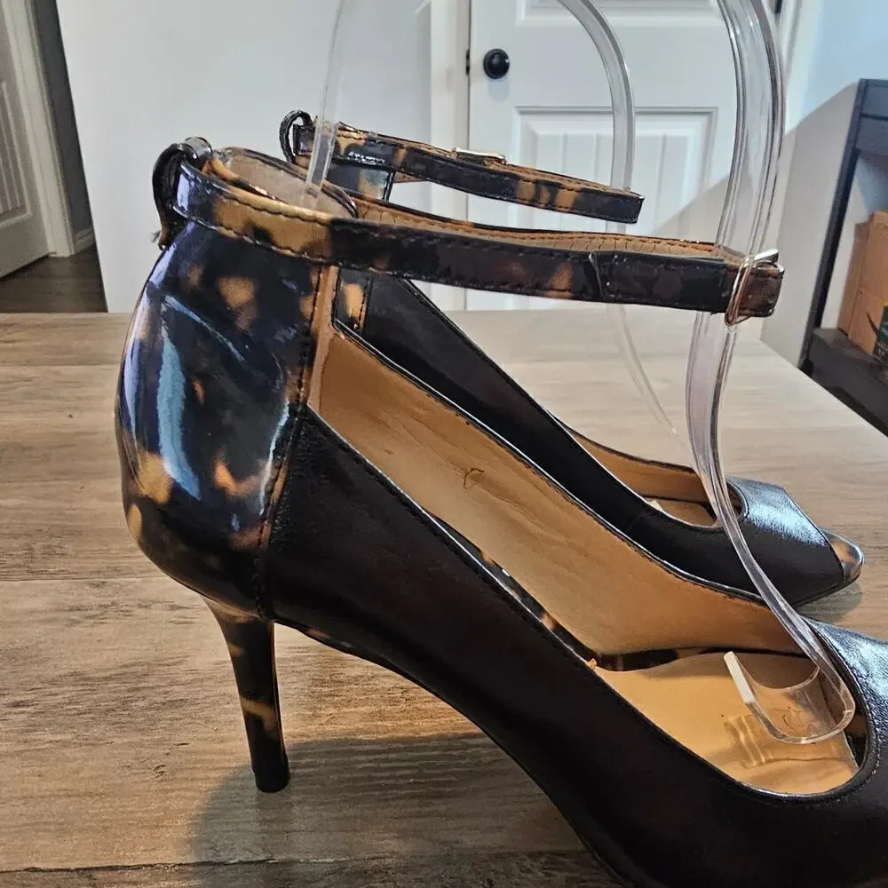 Ann Taylor Viola Heels Womens Size 6 Black Leather Tortoise Ankle Strap Glam
